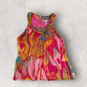 VTG Cache Y2K Women’s Sleeveless Beaded Top Large Multicolor Silk Metallic Sheer
